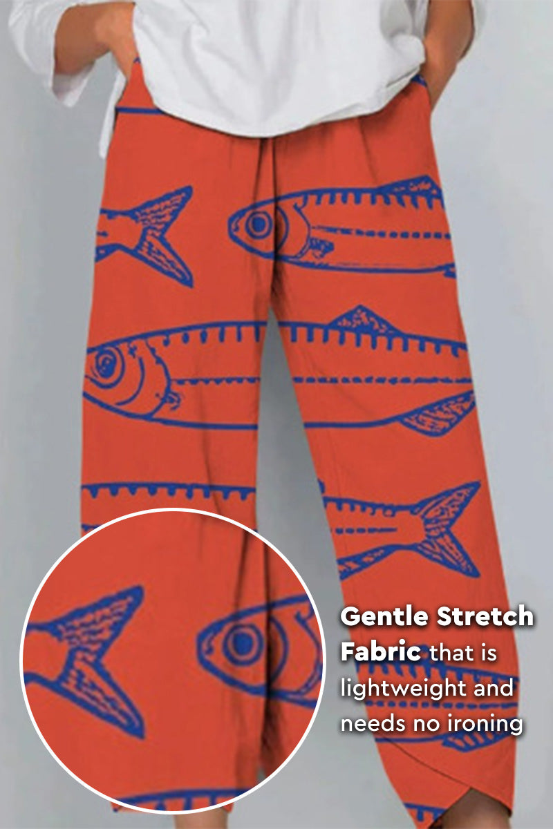 Artistic Sardine Pattern Breathable Cropped Pants