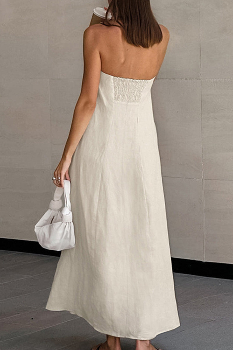 Cotton-Linen Blend Strapless Long Dress