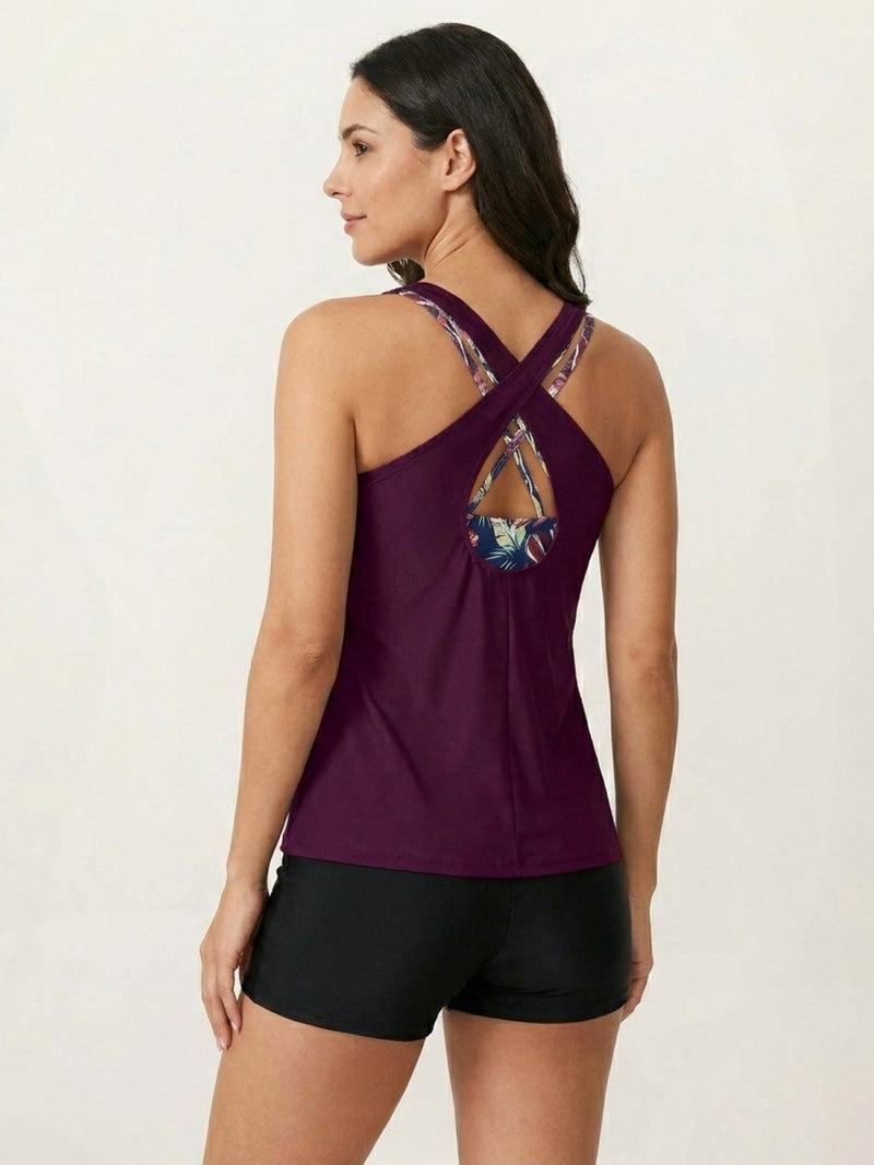 Criss-Cross Back Three-Piece Tankini Set