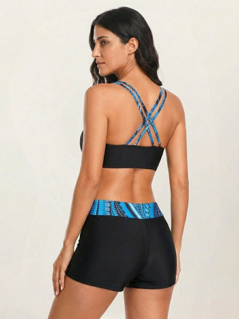 Criss-Cross Back Three-Piece Tankini Set