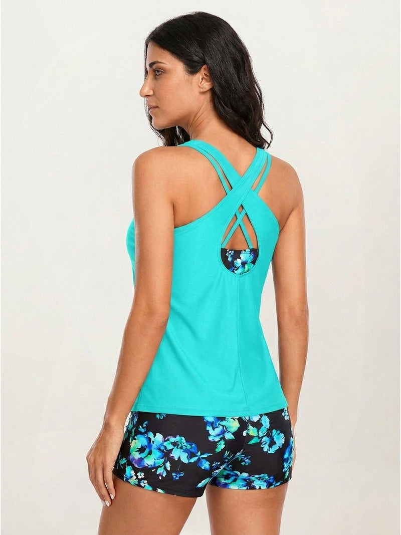 Criss-Cross Back Three-Piece Tankini Set