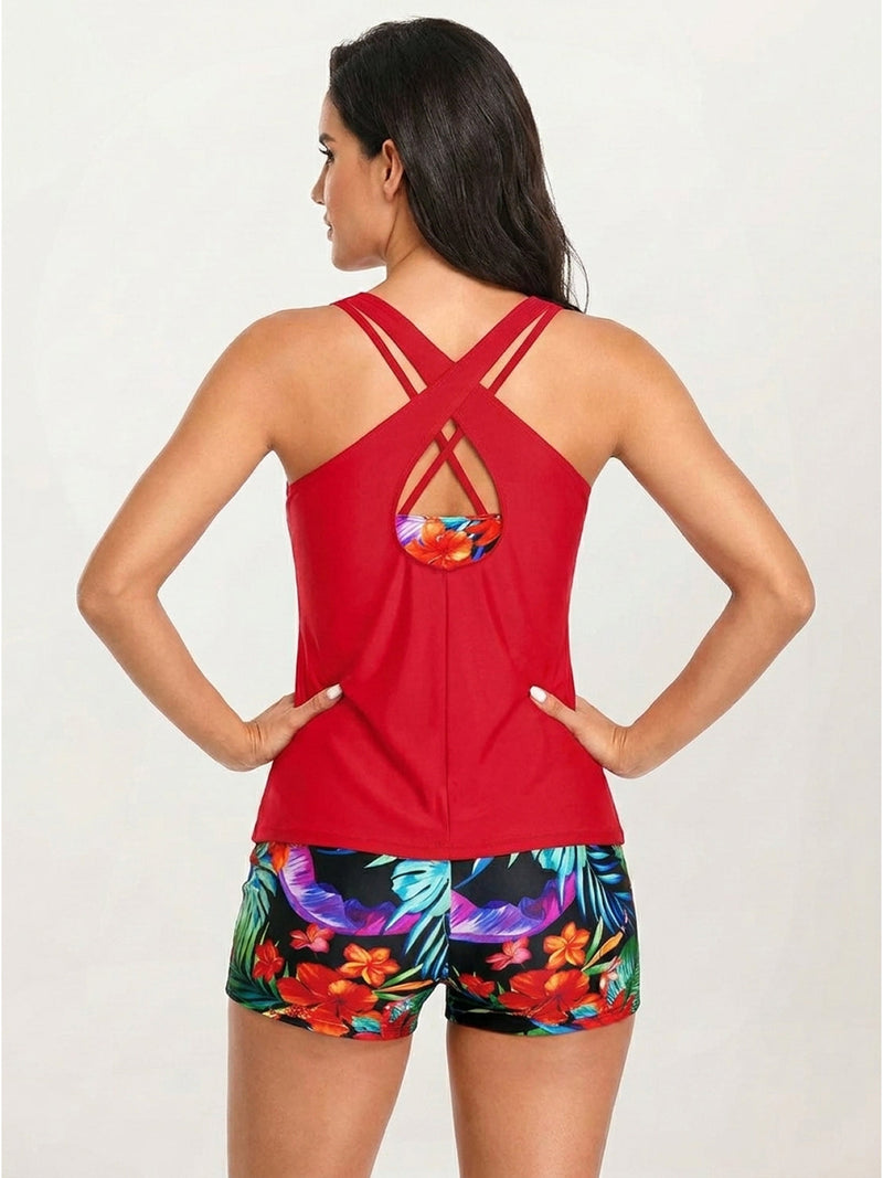 Criss-Cross Back Three-Piece Tankini Set