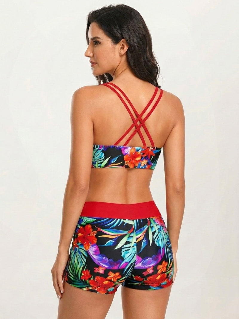 Criss-Cross Back Three-Piece Tankini Set