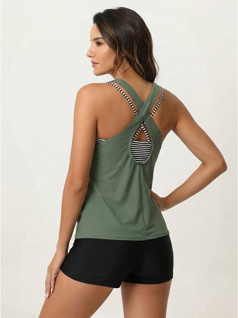 Criss-Cross Back Three-Piece Tankini Set