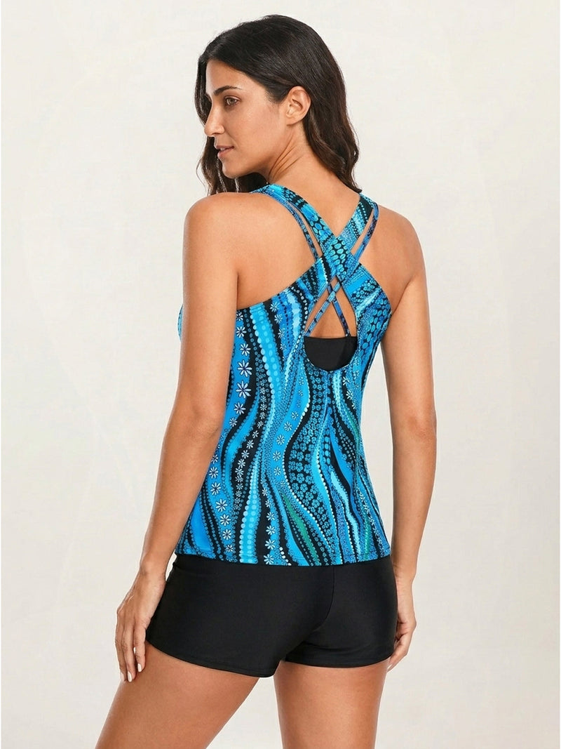 Criss-Cross Back Three-Piece Tankini Set