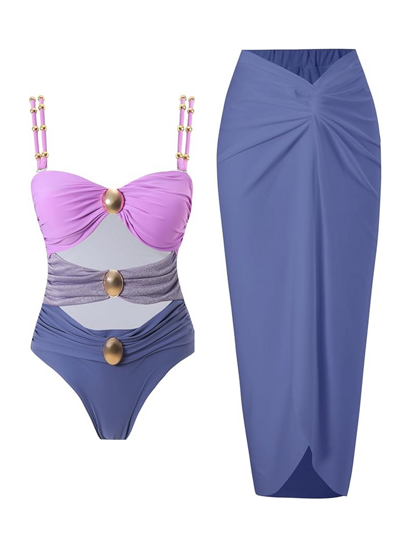 Gold-Detail Cutout Swimsuit Set