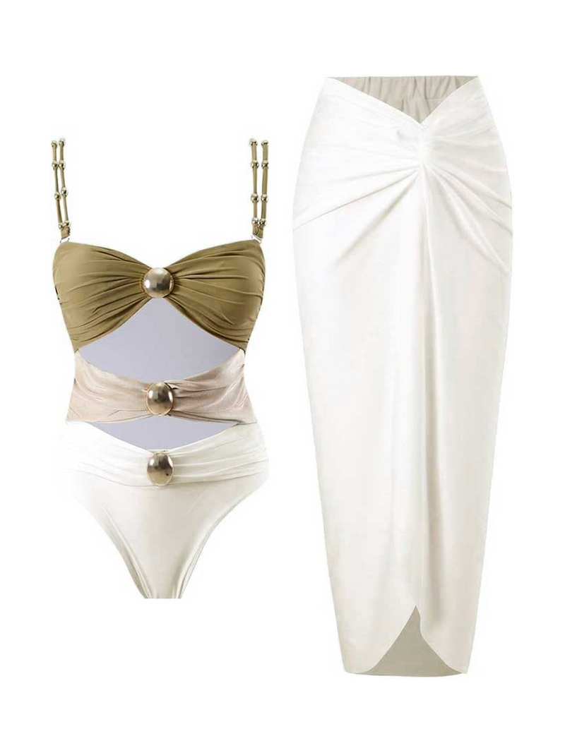 Gold-Detail Cutout Swimsuit Set