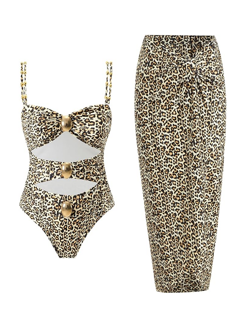 Gold-Detail Cutout Swimsuit Set