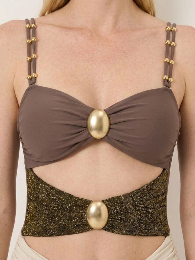 Gold-Detail Cutout Swimsuit Set