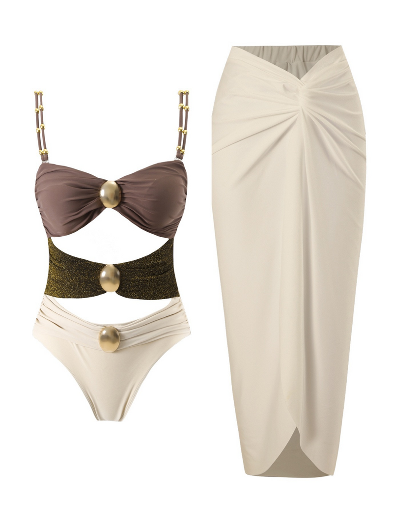 Gold-Detail Cutout Swimsuit Set