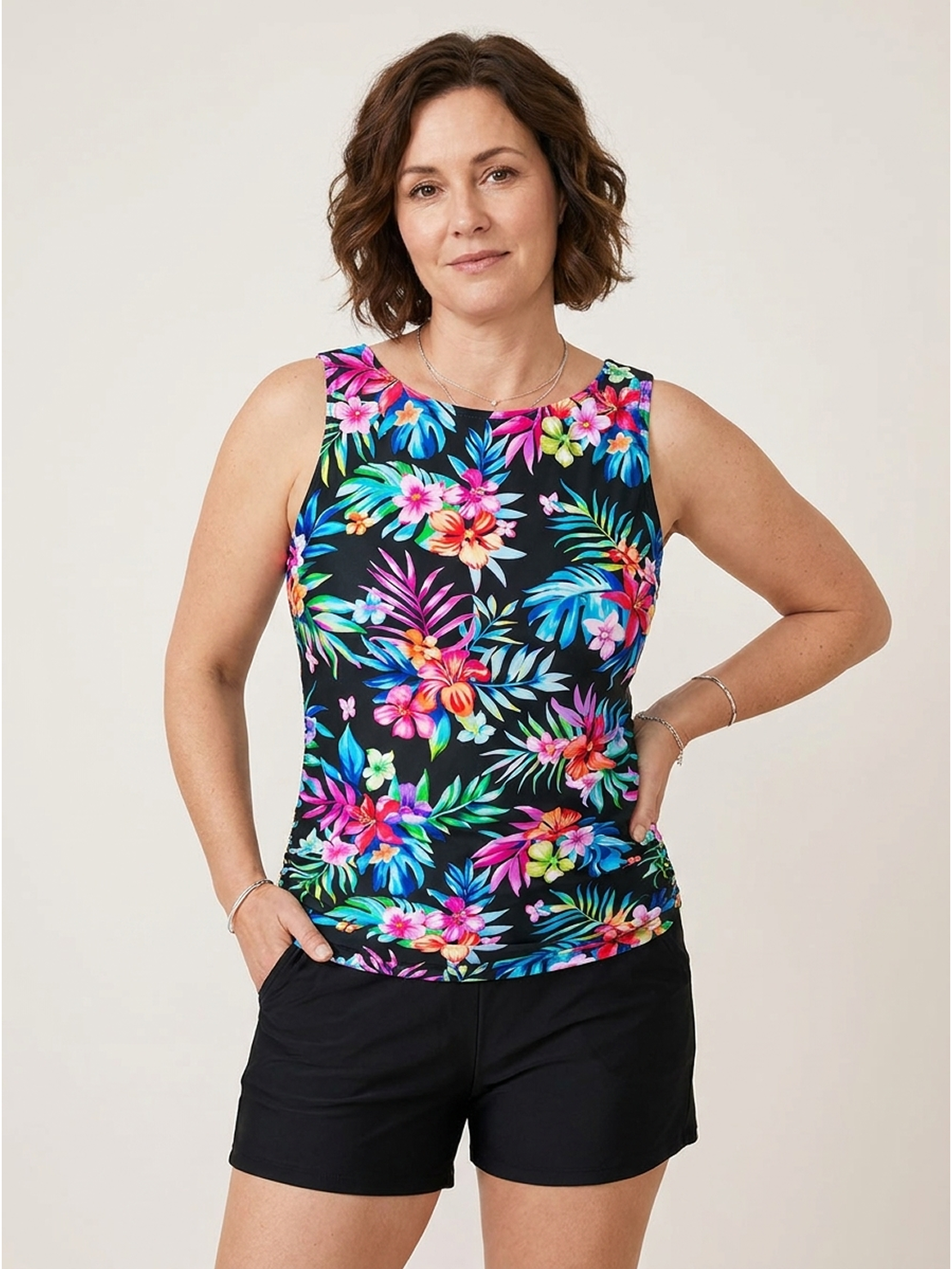 High-Neck Ruched Tankini Set