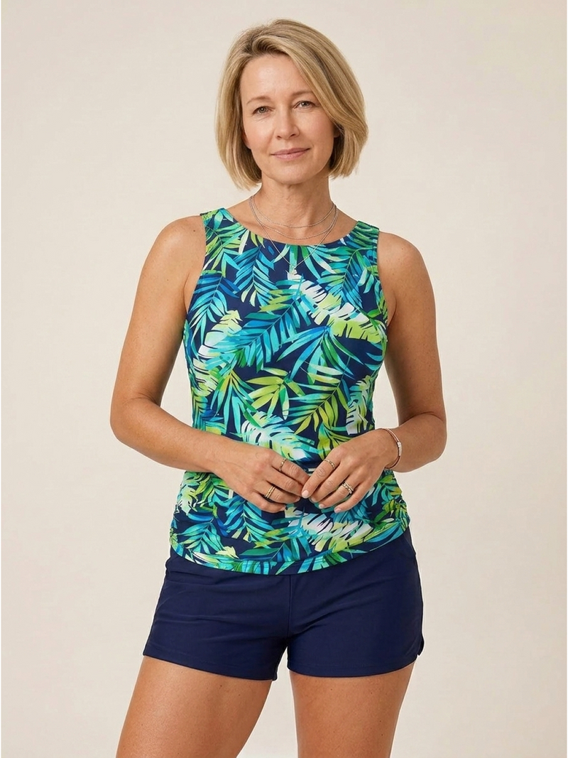 High-Neck Ruched Tankini Set