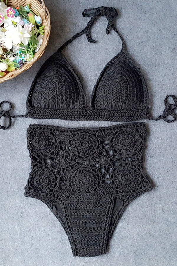 High Waisted Swimsuit Solid Color Crochet Bikini Beach Bum Store