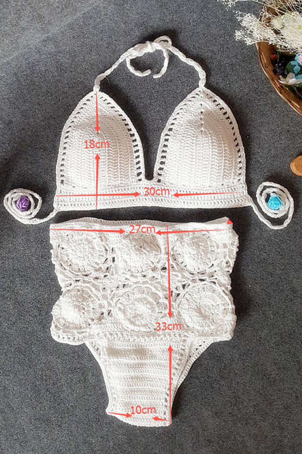 High-Waisted Swimsuit Solid Color Crochet Bikini