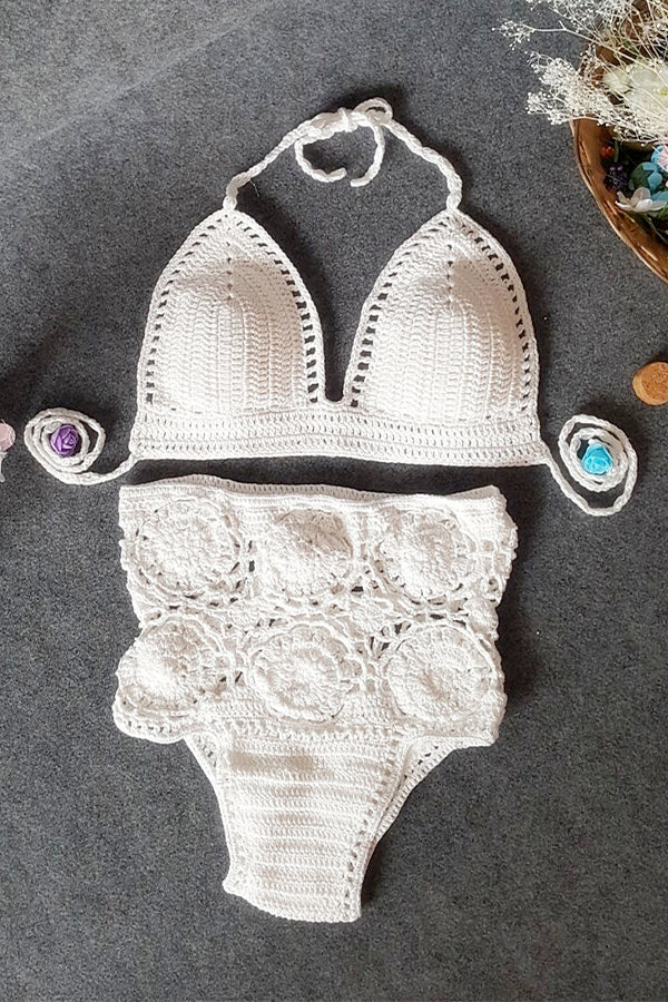 High-Waisted Swimsuit Solid Color Crochet Bikini
