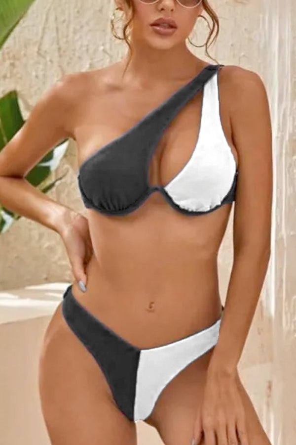 Cross-Shoulder Stitching Double Color One-Shoulder Bikini