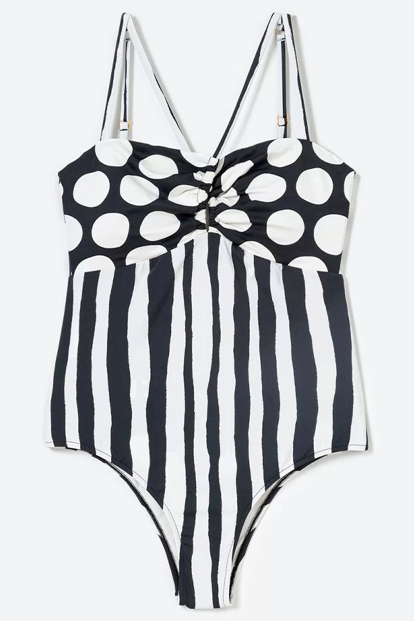 Swimsuit With Poa Print and Black Stripes