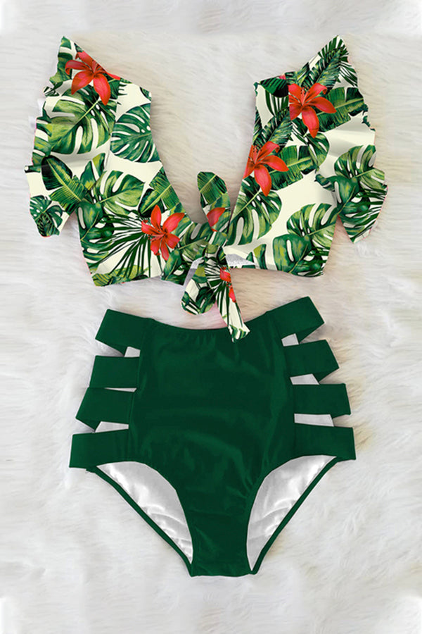 High Waisted Two Piece V Neck Ruffled Printed Bikini Swimsuit