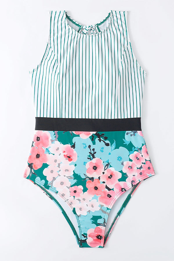 Striped Leafy One Piece Swimsuit