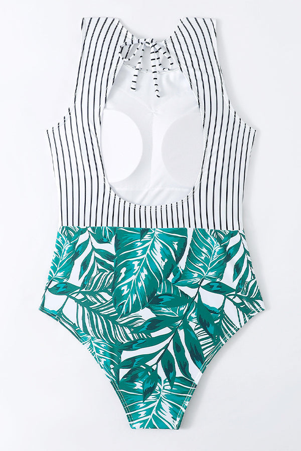 Striped Leafy One Piece Swimsuit