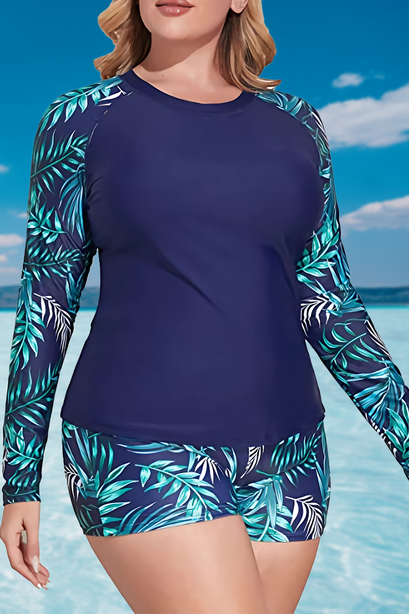 Women's Long Sleeve Rash Guard Swim Shirt Built-In Bra-Blue Leaf